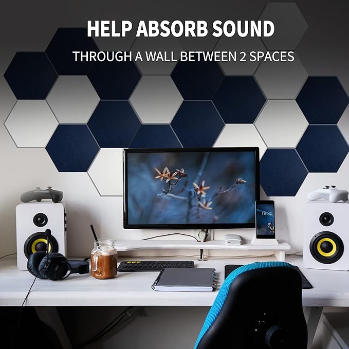 Mollywell Hexagon Acoustic Panels, High Density, Soundproofing, Decorative Noise Reduction Felt Wall Tiles for Ceilings, Home Office & Gaming Room (Moon Gray), 14x12x0.4 Inch