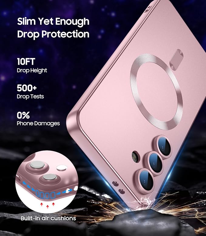 Magnetic for Samsung Galaxy S24 Case [Compatible with MagSafe][Built-in Camera Lens Protector] Slim Soft Silicone Bumper Shockproof Metallic Luster Phone Case (Rose Gold)