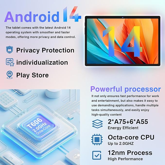 Android Tablet with Keyboard, 10 inch Android 14 Tablets 22GB+128GB, Octa-Core CPU, 8000mAh, HD IPS Display, 5G WiFi, BT 5.0, GPS, Widevine L1, 1TB Expandable, Mouse, Split Screen, Metal Body -Black