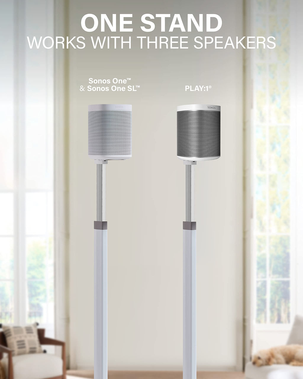 SANUS Adjustable Height Wireless Speaker Stands Designed for Sonos One, One SL, and Play:1 - Tool-Free Adjustment up to 16" and Built-in Cable Management (White)