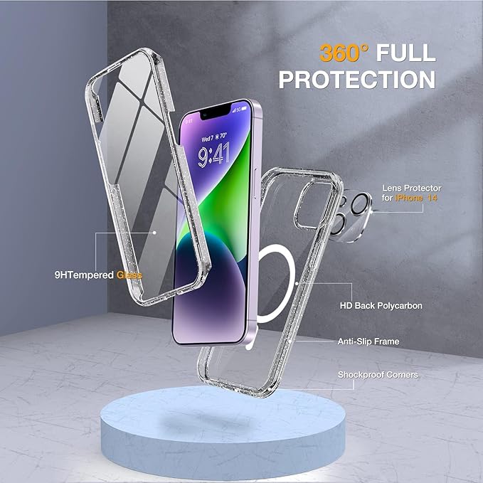 Miracase Magnetic for iPhone 14 Case 6.1", [Built-in Tempered Glass Screen Protector + Lens Protector] [Compatible with MagSafe] Full-Body Protective Bumper 14 Phone Cover, Clear Glitter