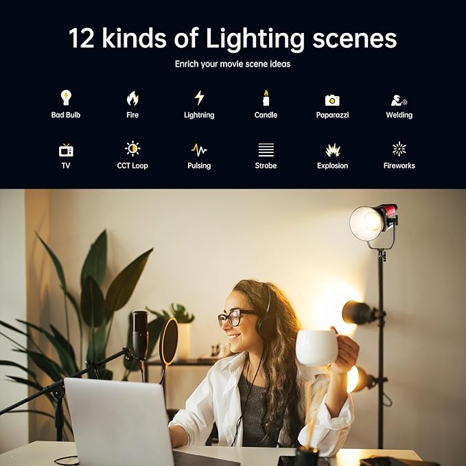 GVM LED Video Light Studio, 200W Studio Light Continuous Lighting Kit for Bluetooth Mesh Network/DMX Control, 45400lux/1m Photography Lighting Kit with Video Recording,12 Lighting Effects