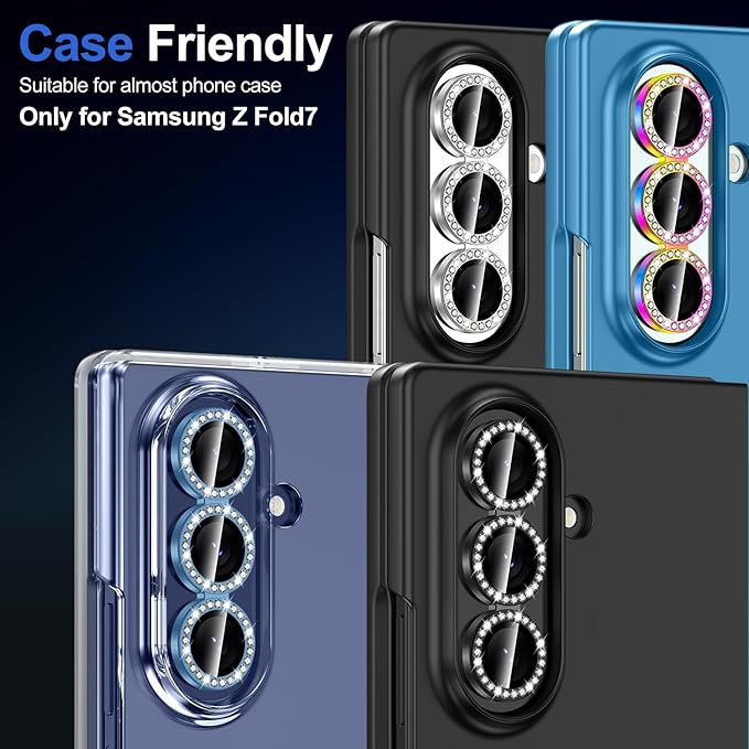 for Samsung Galaxy Z Fold 7 Camera Lens Protector, Individual Metal Ring Tempered Glass Lens Cover, [Strong Adsorption] Scratch Resistant Ultra-Thin HD Clear Lens Cover, 1 Set-Slivery Diamond