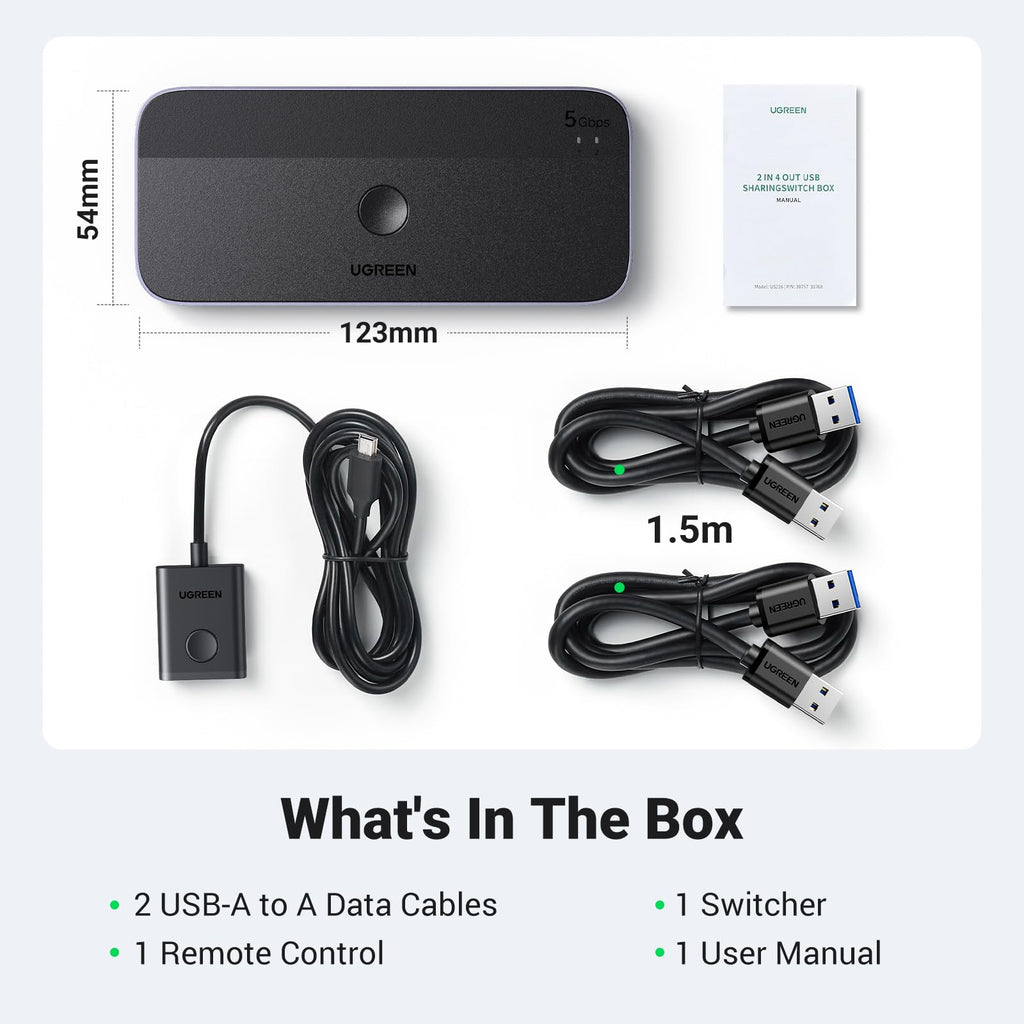 UGREEN USB 3.0 Switch 2 Computers Sharing USB C & A Devices, 4 Port USB Switcher Sharing Keyboard and Mouse, Printer/Scanner USB Switch Hub for Two Computers with 2 USB3.0 Cables and Controller