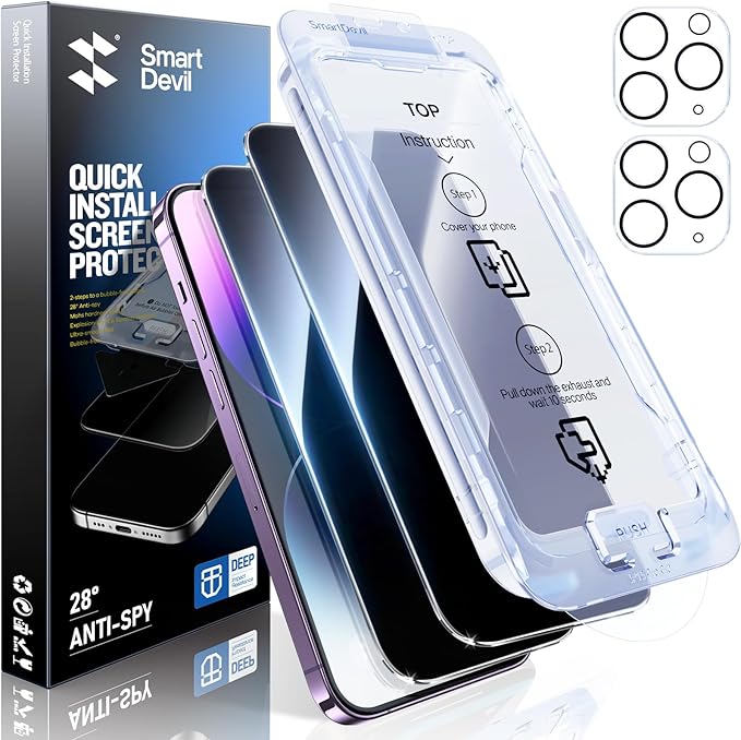 SMARTDEVIL 2+2Pack Privacy Screen Protector for iPhone 14 Pro with Camera Lens Protector,Shatterproof Tempered Glass [True 28°Anti Spy] [9H Hardness] [Automatic Dust-Elimination Install][Bubble Free]