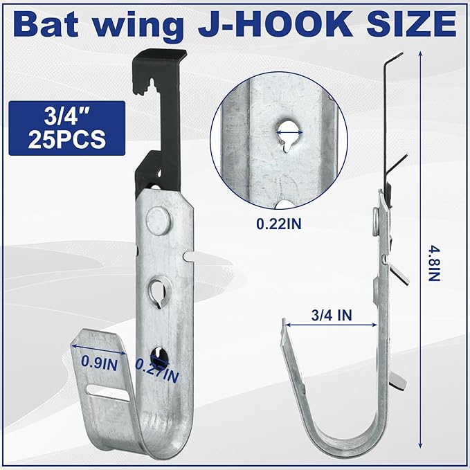 Zonon 25 Pcs J Hooks for Hanging Metal J Hook Hangers Cable Support with Bat Wing Heavy Duty G60 Galvanized Steel Cable Hooks for Attaching Ceiling Wire Threaded Rod, Ul Certification(3/4 Inch)