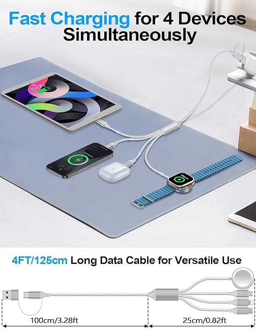 4-in-2 Multi Charging Cable for Apple Watch Charger/Samsung/iPhone Charger,Car/Office/Camping/Travel Essentials,Type C Cable Cord for iWatch Ultra/10-2/iPhone 16-11/Samsung S25-S20,iPad,airPods-White