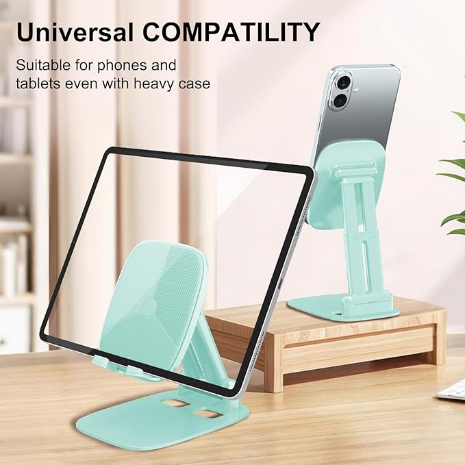 DEERLAMN Cell Phone Stand for Desk,Height Adjustable Cell Phone Holder Portable Desktop Stand, Travel Home Office Desk Accessories Compatible with iPhone 16/15/14/13/12/11 All Smartphone - Light Green