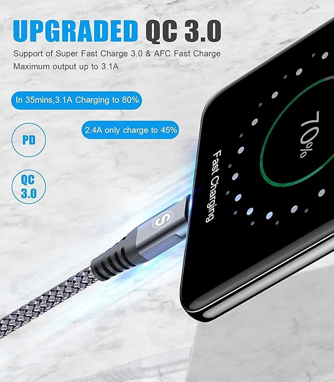 USB Type C Cable 3.1A Fast Charging [3Pack,6.6ft+3.3ft+3.3ft],Sweguard USB-A to USB-C Charger Nylon Braided Cord for Samsung Galaxy S21 S20 S10 S9 S8 Plus,Note 20 10 9 8 7,A71 A51 A32,LG,Moto,PS5-Grey