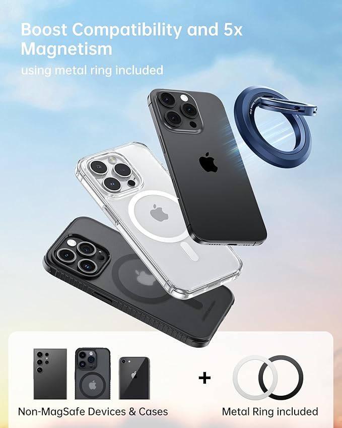 SYNCWIRE Phone Ring Holder Grip for MagSafe, 360° Rotation Magnetic Cell Phone Grip Stand Two-Sided Magnetic Compatible with iPhone 16 15 14 13 12 Pro Max fits MagSafe Accessories - Titanium Blue