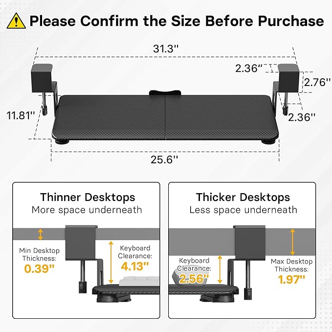 BONTEC KMT01 Under Desk Keyboard Tray, Pull-Out Keyboard & Mouse Platform with C-Clamp, 25.6 x 11.8 in Space-Saving Ergonomic Slide-Out Drawer, Black Carbon Fiber