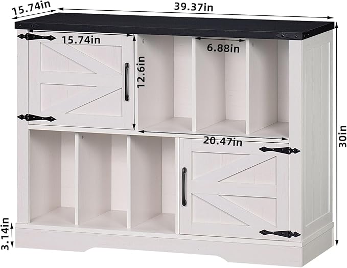 Large Record Player Stand with Vinyl Storage Up to 450 Albums, 39 Inch Farmhouse Rustic Wood White Storage Cabinet with Barn Doors, Vintage Mid-Century Turntable Stand for Bedroom, Living Room