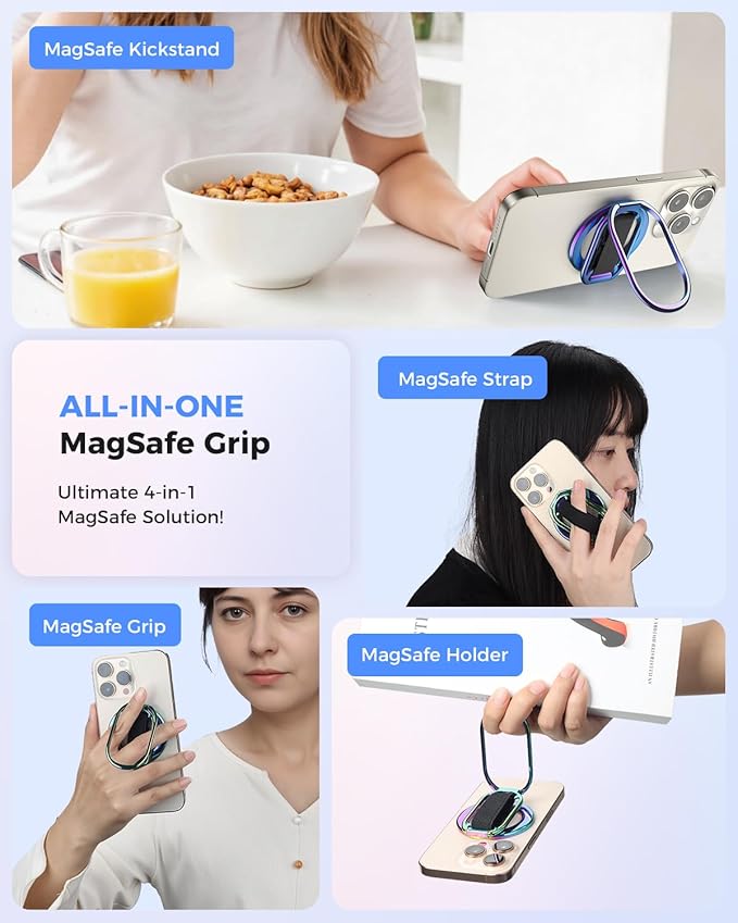 [2024 Newest] SUPERONE for MagSafe Phone Grip for MagSafe Kickstand Compatible with Mag Safe Finger Loop, 4-in-1 Phone Ring Holder Strap for Mag Safe iPhone 16/15/14/13/12 (Rose)