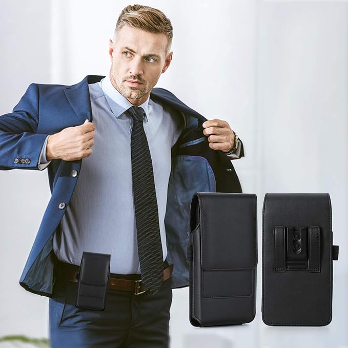 BECPLT Leather Holster Belt Case for iPhone 16 Pro/15/14/13/12/11 Pro & Galaxy S25/S24/S23/S22/S21/S20 - Slim Hard Case with Clip/Loops - Black