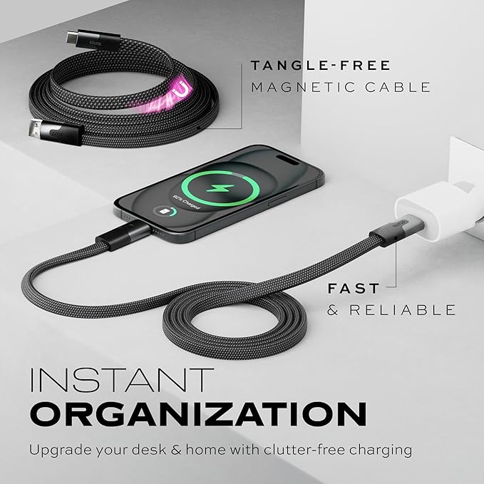 Statik MagStack USB to USB C Cable, Magnetic Anti Tangle Flat A to Type C Charger Fast Charging Cord, Magnetic Charging Cable, Compatible with iPhone 16 Pro Max, 15, Galaxy S24 Ultra, 27W 3FT/1M