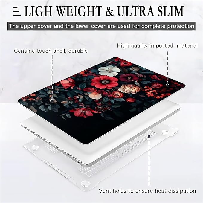 Compatible with MacBook Air 13.3 13.6 Inch Case 2022 2021 2020 2019 Plastic Hard Shell Case Cover,13.3 Air (A1932/A2179/A2337), Dark Floral