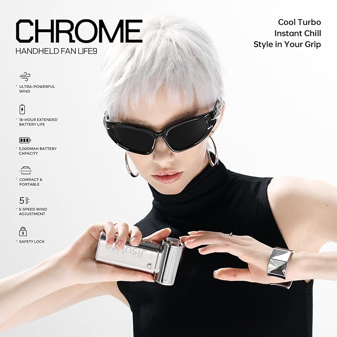 JISULIFE Portable Handheld Fan Life9, Turbo Power High Speed Air [18H Max Cooling Time], 5 Gear Wind, 5000mAh Rechargeable, Mini Pocket Design, Personal Fan for Travel Concerts Camping Makeup - Chrome