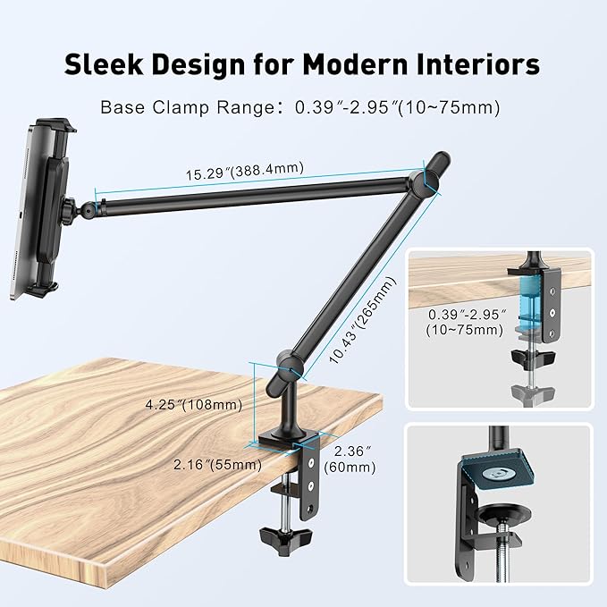 AboveTEK Tablet Stand Holder, Aluminum iPad Holder for Desk & Bed, Adjustable Arm Clamp Mount with 360° Rotation, Overhead Compatible with 4.7"-13.5" iPad Pro/Air/Mini, iPhone, Galaxy Tab- Black