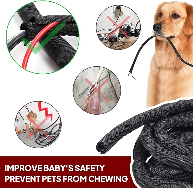 Black Braided Cable Management Sleeves Wire Loom Tubing Cord Protector Self-Wrapping (1/2"-20Feet)
