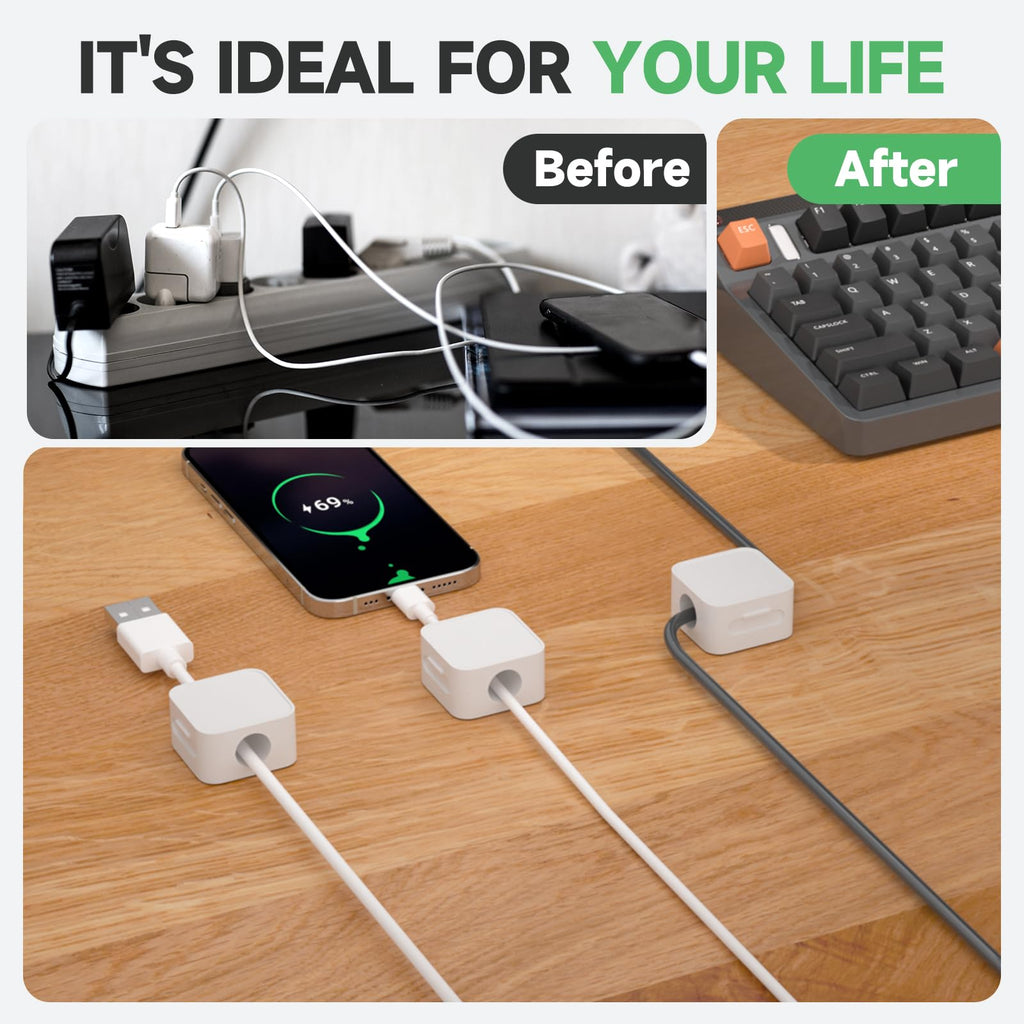 9 White Magnetic Cable Clips,Under Desk Cable Management,Cord Holder for Nightstand Home Office Car Phone Wall,2025 Adhesive Cord Organizer[0.45" in Ht Save Space/Versatile for Wire Up to 0.27" OD]