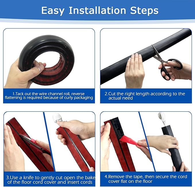 4ft Floor Cord Cover,Cord Hider Floor Black,Extension Cable Cover Power Cord Protector Floor,Floor Cable Management Prevent Cable Trips,Cord Protector Cord Cavity:0.47" (W) x 0.24" (H)