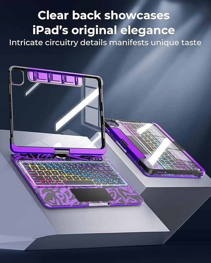 SIBEITU Keyboard Case for iPad Pro 11 Inch (M5 2025 / M4 2024), 360 Rotatable iPad Pro 11 Clear Cover with Multi-Touch Trackpad, 7-Color Backlight & 3 Brightness, High-Tech Visible PCB Design, Purple