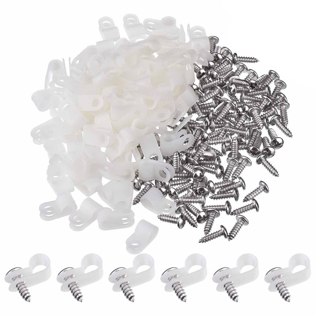 Hicarer 50 Pack R-Type Cable Clip Wire Clamp, Nylon Screw Mounting Cord Fastener Clips with 50 Pack Screws for Wire Management (White,1/2 Inch)