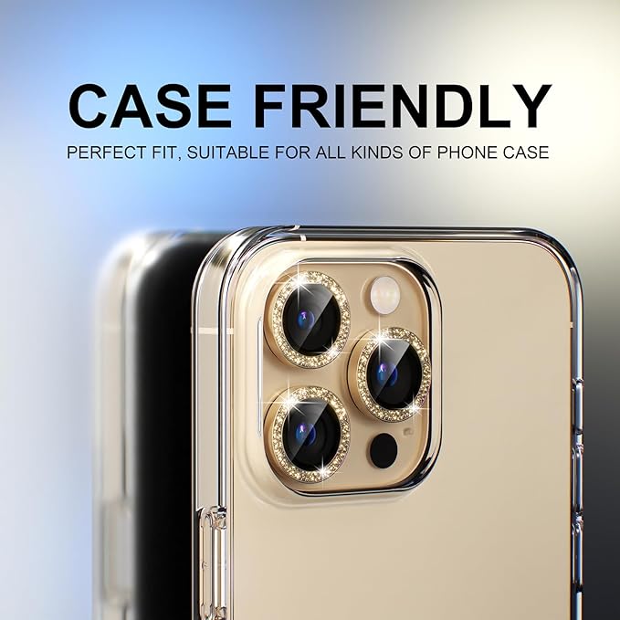 Choiche [3+1 for iPhone 13 Pro/iPhone 13 Pro Max Camera Lens Protector Bling, 9H Tempered Glass Camera Cover Screen Protector Metal Ring Decoration Accessories (Glitter-Gold)