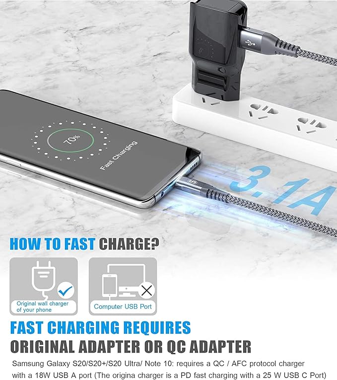 USB Type C Cable 3.1A Fast Charging [3Pack,6.6ft+3.3ft+3.3ft],Sweguard USB-A to USB-C Charger Nylon Braided Cord for Samsung Galaxy S21 S20 S10 S9 S8 Plus,Note 20 10 9 8 7,A71 A51 A32,LG,Moto,PS5-Grey