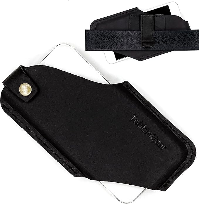 TobbinGear Left-Handed Leather Cell Phone Holster with Belt Clip, Universal Phone Holster for Men Belt Holder, Leather Case for iPhone, Samsung Galaxy Phones, Black, Medium