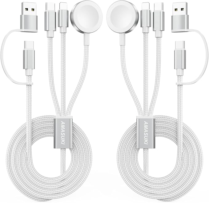 2Pack White-Travel Essentials 3 in 2 USB C Cable for Watch Charger Phone Charger USB C Multi Fast Charging Cable Compatible with Watch Ultra/SE/10/9/8/7/6/5/4/3/2/1 & Phone 16/15/14/Galaxy S23-4FT