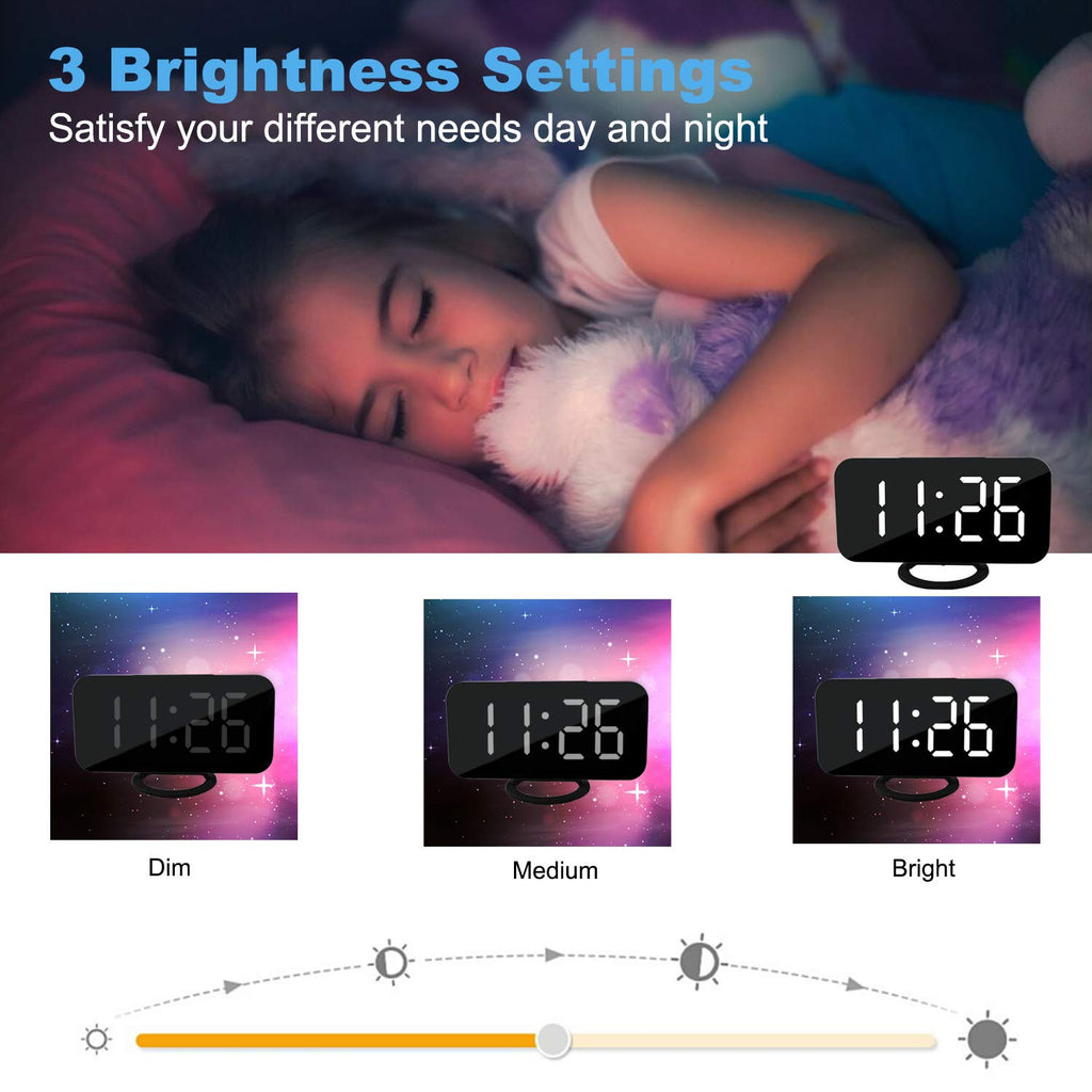 SZELAM Digital Clock Large Display, LED Alarm Electric Clocks Mirror Surface for Makeup with Diming Mode, 3 Levels Brightness, Dual USB Ports Modern Decoration for Home Bedroom Decor-Black