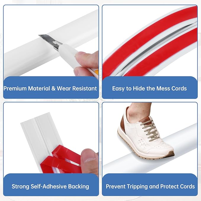 Floor Cord Cover Self Adhesive Cord Hider Floor Extension Cord Covers for Floor Power Cord Protector Cable Management Prevent Cable Trips Cable Cavity 0.47" W x 0.27" H (White, 10Ft)