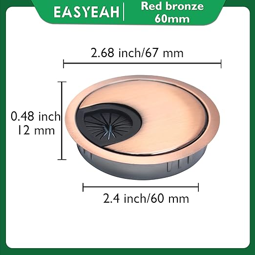 1 Pcs Desk Grommet 2-3/8" / 60 mm, Desk Cord Hole Cover, Cable Grommet Metal Zinc Alloy Materilal, Desk Hole Grommet for Home & Office Pc, Detachable Cable Cord Organizer-Copper Red