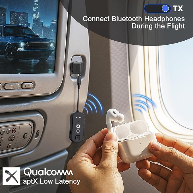 Bluetooth Transmitter Receiver with Airplane Adapter: Wireless Audio Transmitter for 2 AirPods/Headphones - 20+ Hr Battery Works USB Charging with 3.5mm Jack AUX for Flight,Gym,Car,TV,Tablet,Travel