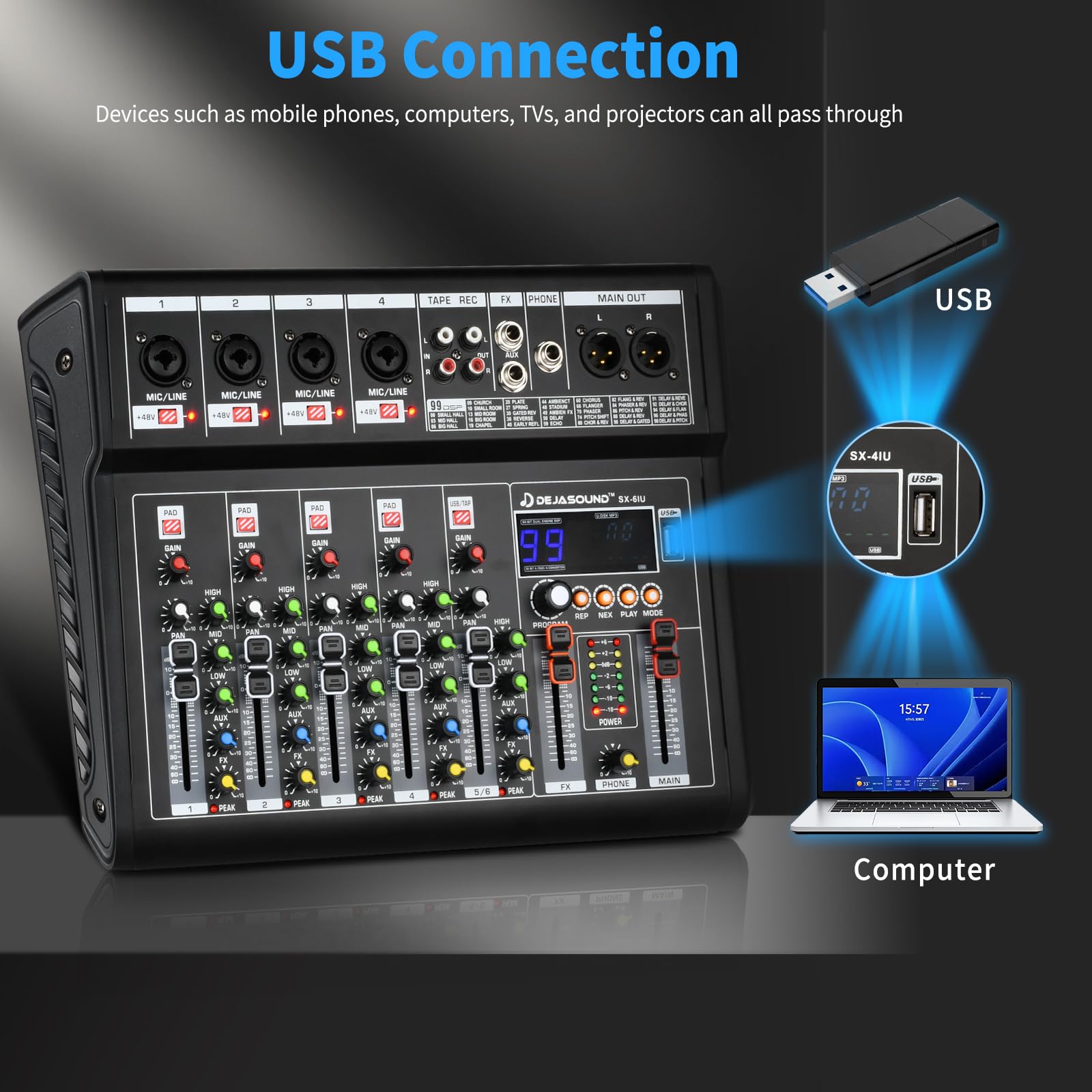 6-Channel Audio Mixer for PC, SX-6iu Mixing Console with XLR Inputs, Bluetooth, 99 Digital Signal Processor Effects, USB Interface, MP3 Compatible for Podcast, Music, Recording 9.84"x2.17"x12.6"inches