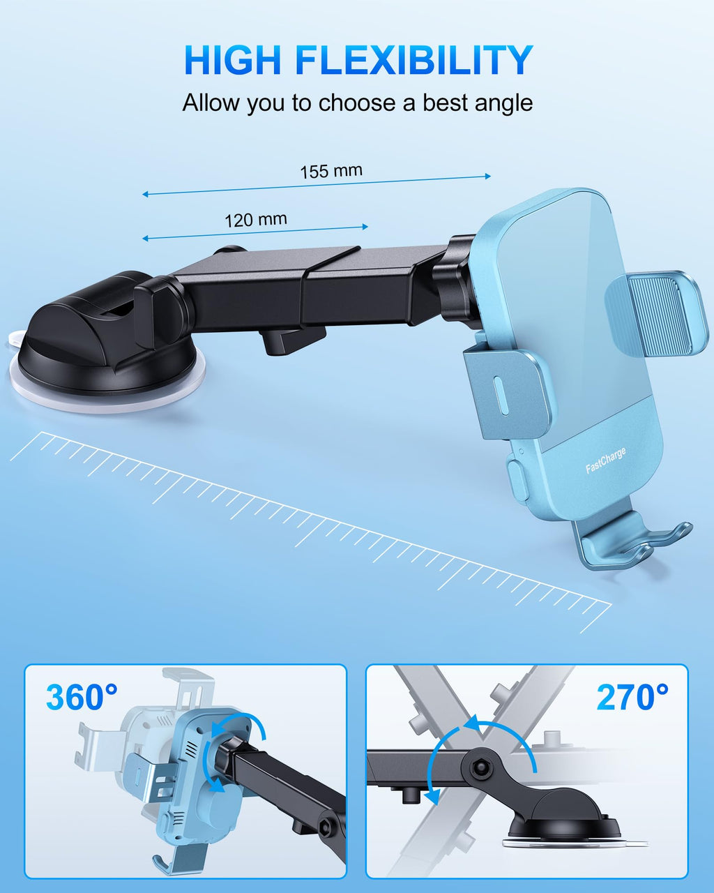 CHGeek Wireless Car Charger, 15W Fast Charging Auto Clamping Car Charger Phone Mount Phone Holder fit for iPhone 15 14 13 12 11 Pro Max Xs, Samsung Galaxy S24 Ultra S23 S22 S21, S20, S10+, Cyan