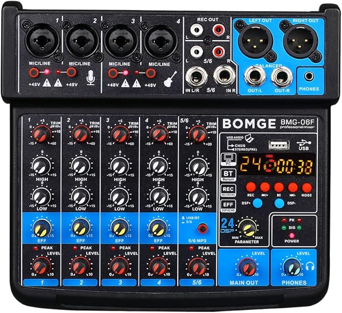 BOMGE 6 Channel mini DJ Audio sound mixer console with USB interface, Bluetooth, Stereo Recording, 48V Phantom Power, 24 DSP effects for karaoke, singing, live，streaming，pc recroding. (black)