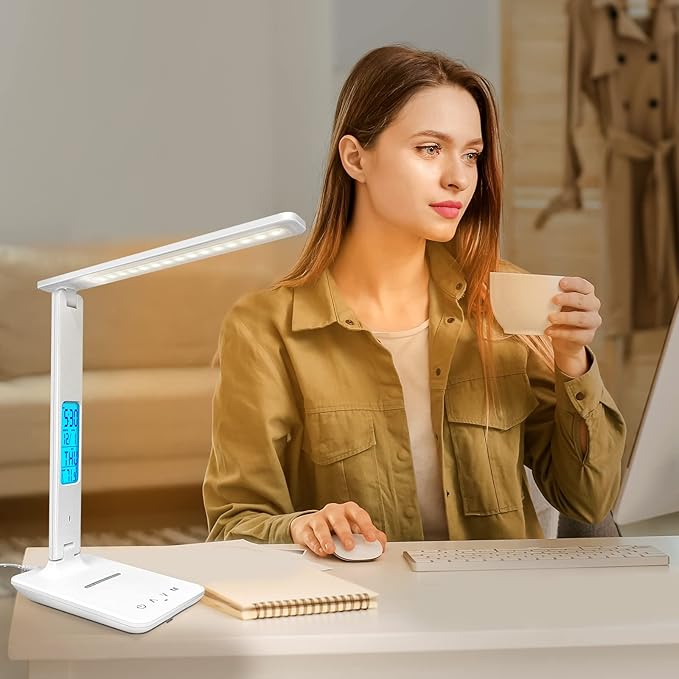 Desk Lamp with Wireless Charger，USB Charging Port, Dimmable Office Desk Light with Clock, Alarm, Date, Temperature, Foldable Lamp for Table Bedroom Bedside Office (White, Standard Size-13.3 inch)