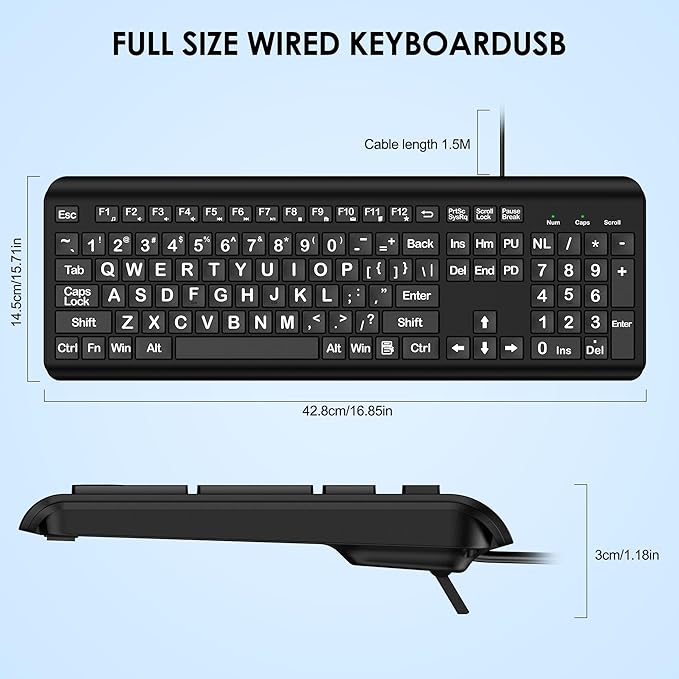 Large Print Computer Keyboard, Wired USB Full Size Quiet Keyboard with 4X Oversized Print Letters for Visually Impaired Low Vision Individuals Easy to See and Type for PC, Laptop,Windows