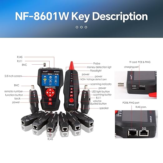 NOYAFA NF-8601W Network Cable Tester,LAN Ethernet Cable Tester RJ45 UTP STP Diagnose Tone Tracer Network Cable Length Tester for RJ45, RJ11, BNC, PING/POE 8 Identifier Telephone Wire Tracker