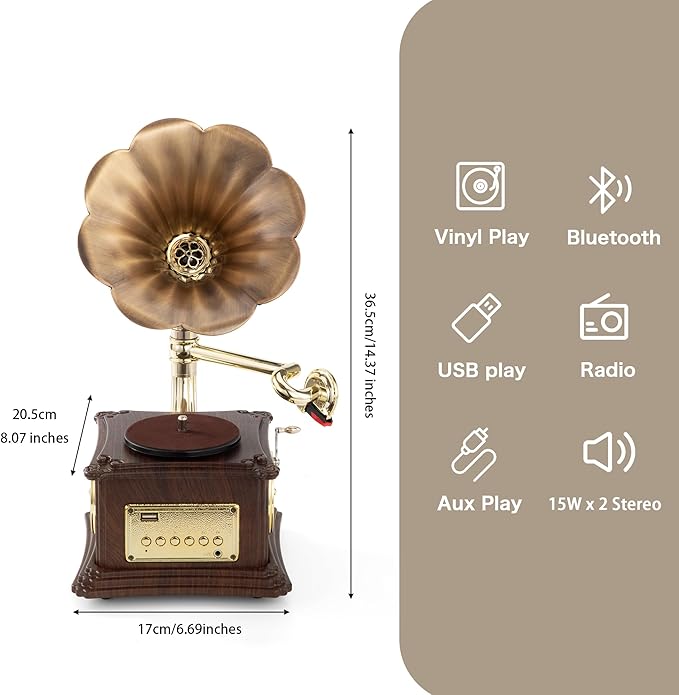 Vintage Style Wooden Record Player with Bluetooth, USB, AUX, FM Radio and Built-in Speakers (109HJ-1)