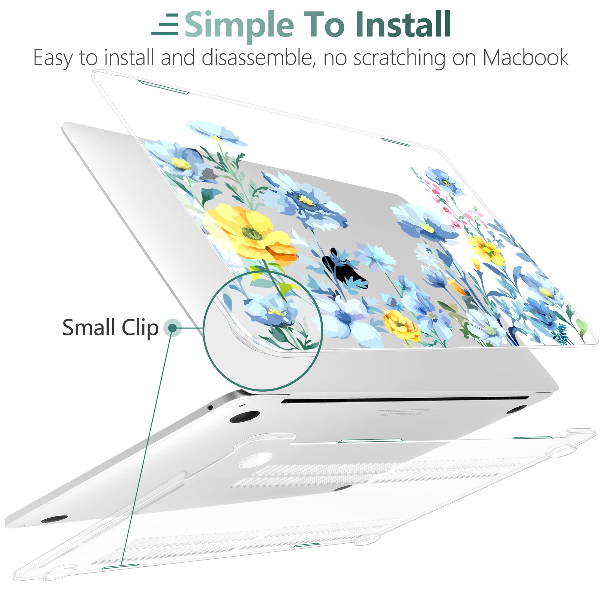 TWOLSKOO Compatible with MacBook Pro 13 inch Case 2023-2016 A2338 M2/M1 A2251 A2289 A2159 A1989 A1706, Plastic Hard Shell Cover & Keyboard Skin & Screen Protector, Blue Flowers