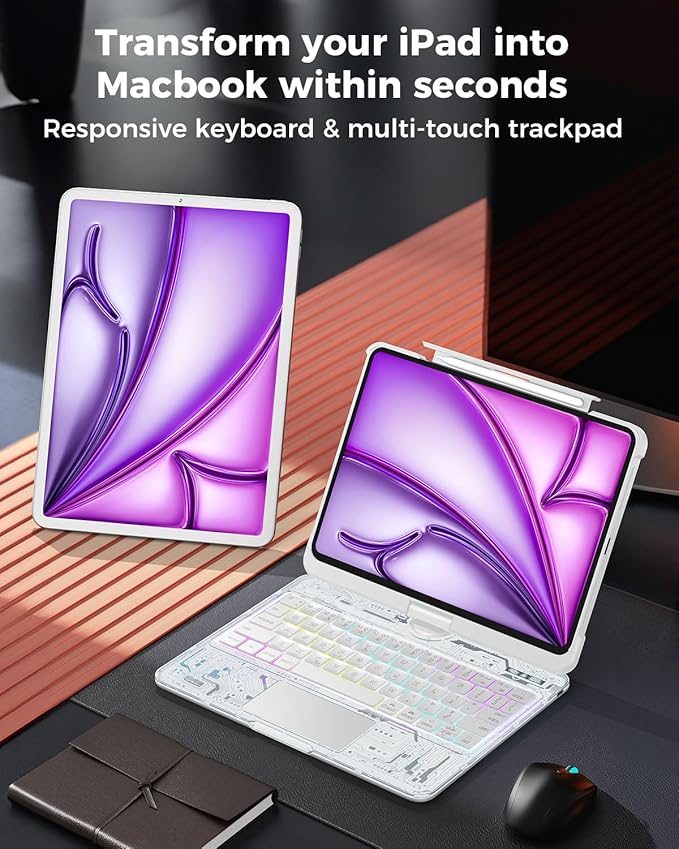 SIEBITU Clear Wireless Keyboard Case for iPad Air 13-inch (M3 2025/M2 2024) & iPad Pro 12.9-inch 6th 5th 4th 3rd Gen with Pencil Holder, Multi-Touch Trackpad & 7-Color Backlit, 360°Rotating, White