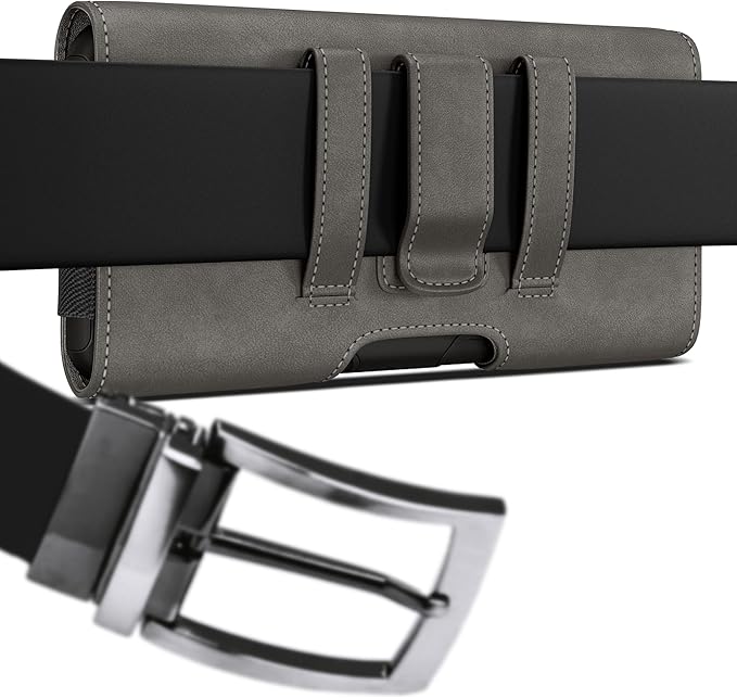 PiTau Holster for Samsung Galaxy Ultra S25 S24 S23 S22 S21 S20 A73 A54 A53, Phone Belt Clip Holder Case for Google Pixel Pro XL 9 8 7 6 4 3, Men's Big Cellphone ID Card Carrying Pouch, Pewter X-Large