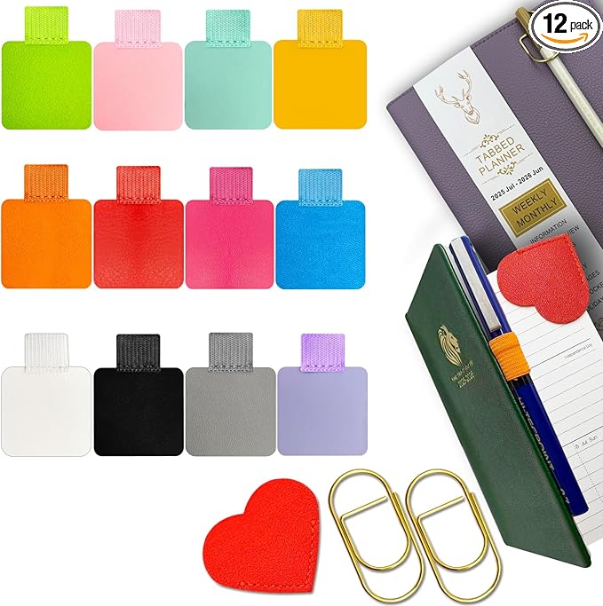 Pen Loop Holder for Notebook 12 Colors Self-Adhesive Stick On Pen Holder with Extra 2 Pens Clips 1 Leather Bookmarks As COMBO for Planner Journal Tablet Clipboards Calendars Bible Campus School Office