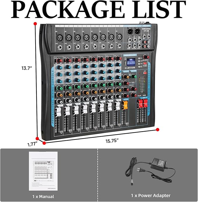 8 Channel Audio Mixer Sound Board Mixer 16 DSP Effect Audio Interfacer w/USB Drive for Computer Recording, 48V Power, XLR Microphone Jack DJ Mixer for Karaoke Studio Streaming Recording