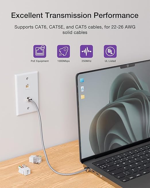 VCE UL Listed 10Gbps Cat6 Keystone Jack Insert 25-Pack, 90 Degree Punch Down RJ45 Keystone Jack Adapter Slim Profile for Patch Panel and Wall Plate