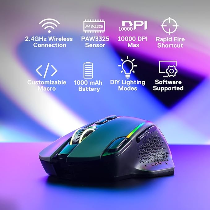 Redragon M810 Pro Wireless Gaming Mouse, 10000 DPI Wired/Wireless Gamer Mouse w/Rapid Fire Key, 8 Macro Buttons, 45-Hour Reliable Power Capacity and RGB Backlit for PC/Mac/Laptop