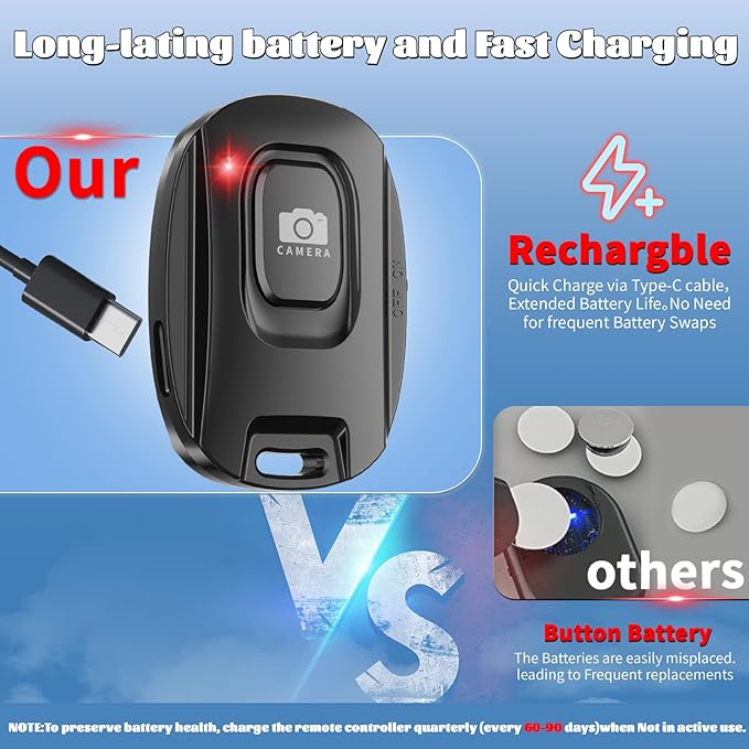 MAIRAN Rechargeable Wireless Camera Remote Shutter for iPhone and Android Smartphones, Bluetooth Phone Remote Control,Selfie Button for Photos and Videos Charging Cable and Wrist Strap Included-Black
